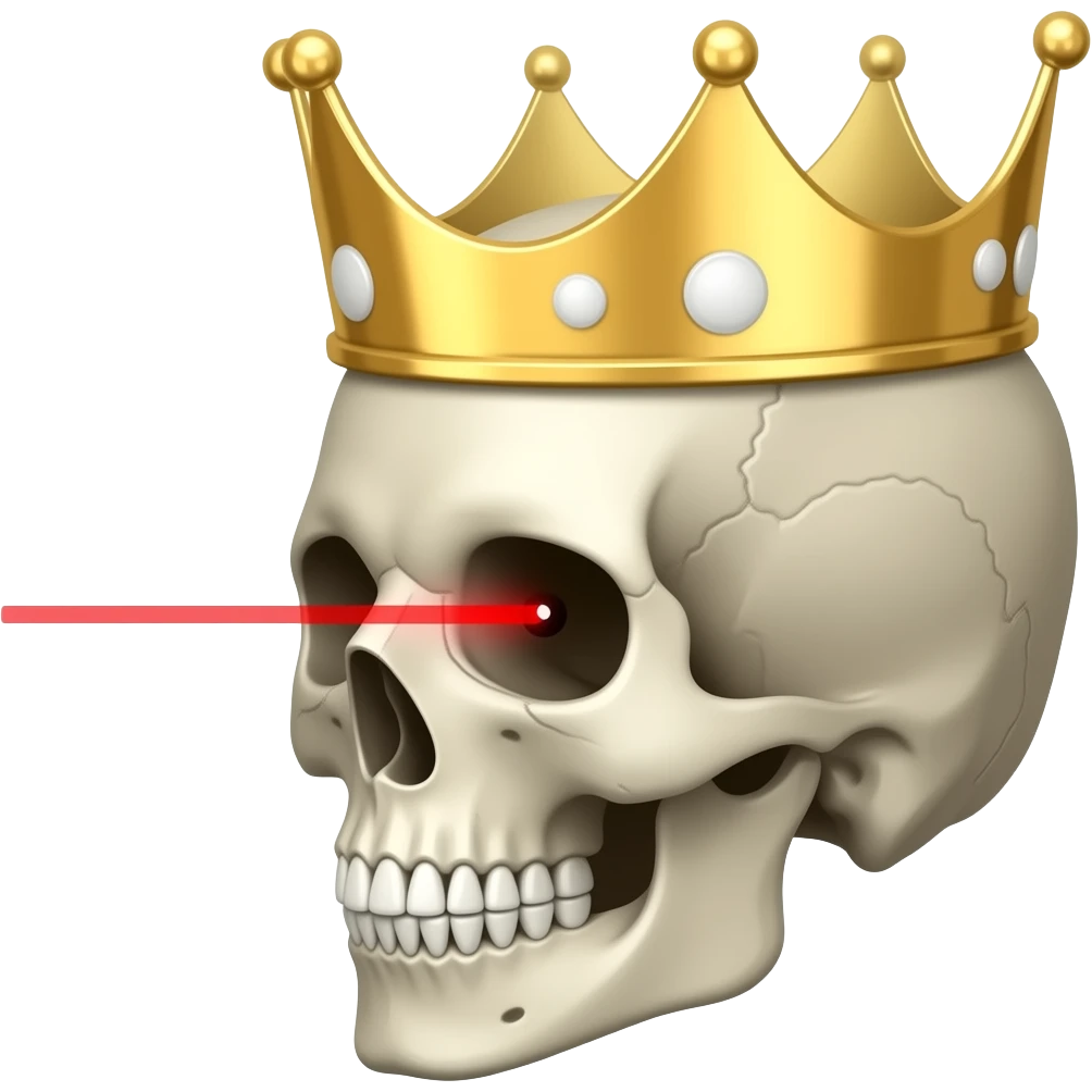 A scull with one red laser eye that is winking and has a crown looking from an angle emoji
