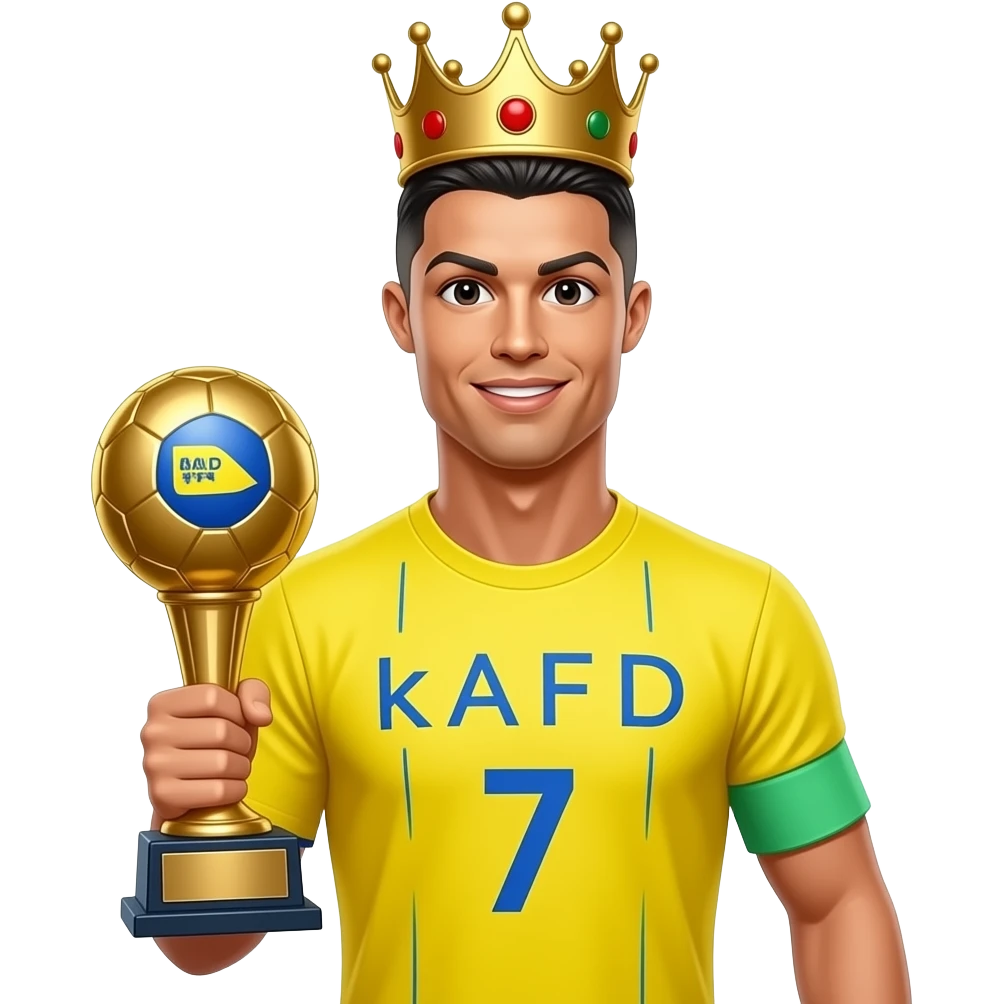 Change Ronaldo shirt into yellow color and write kAFD on shirt and add 7 numbers on his shirt. And put crown on his head and holding winner trophy at Al nasar in his hand emoji
