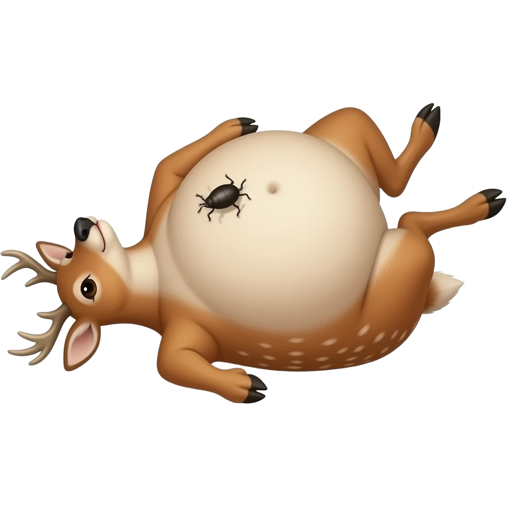A female deer/doe is sprawling on her back unable to move,she got stuck by her own massive obese tummy,couldn’t even try defend her bellybutton from fingering tickling pokers,she is that Fat,She is too full for fun right now,that deer is going to pop. emoji