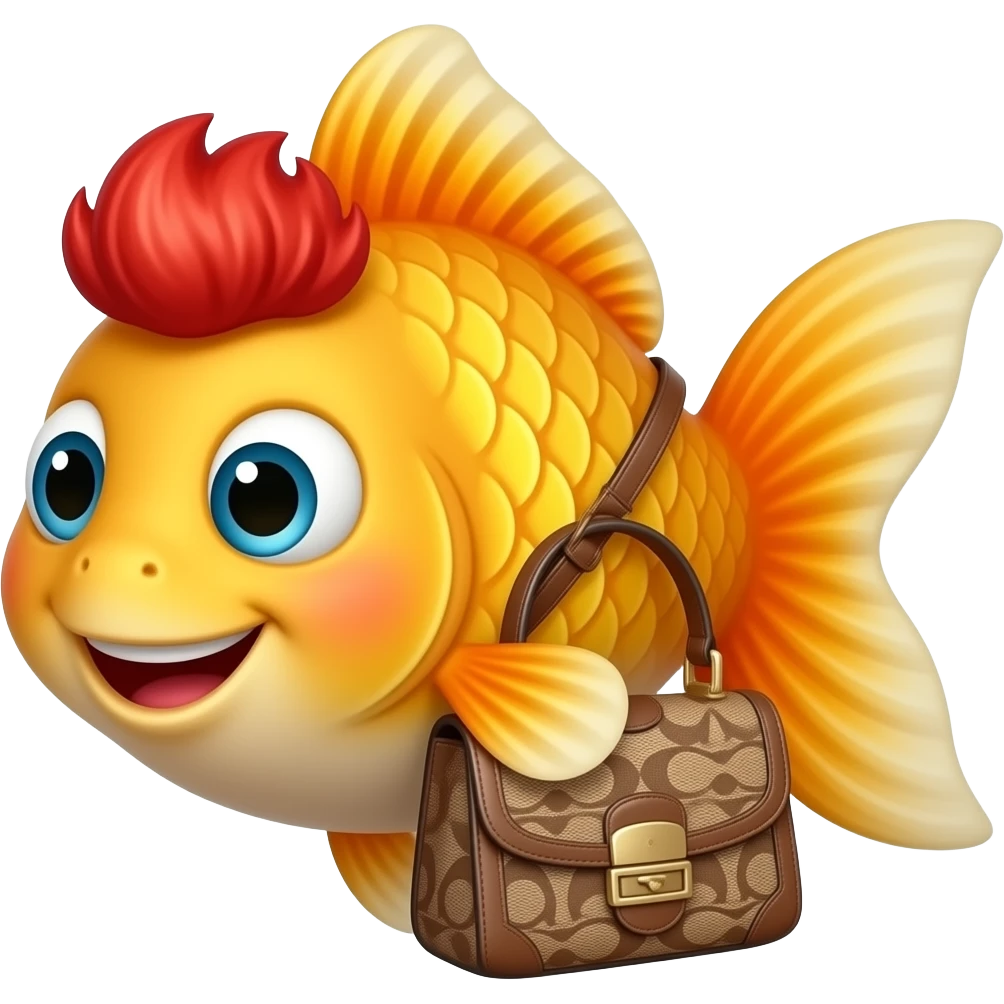 Smiling goldfish with red hair and a Coach purse emoji