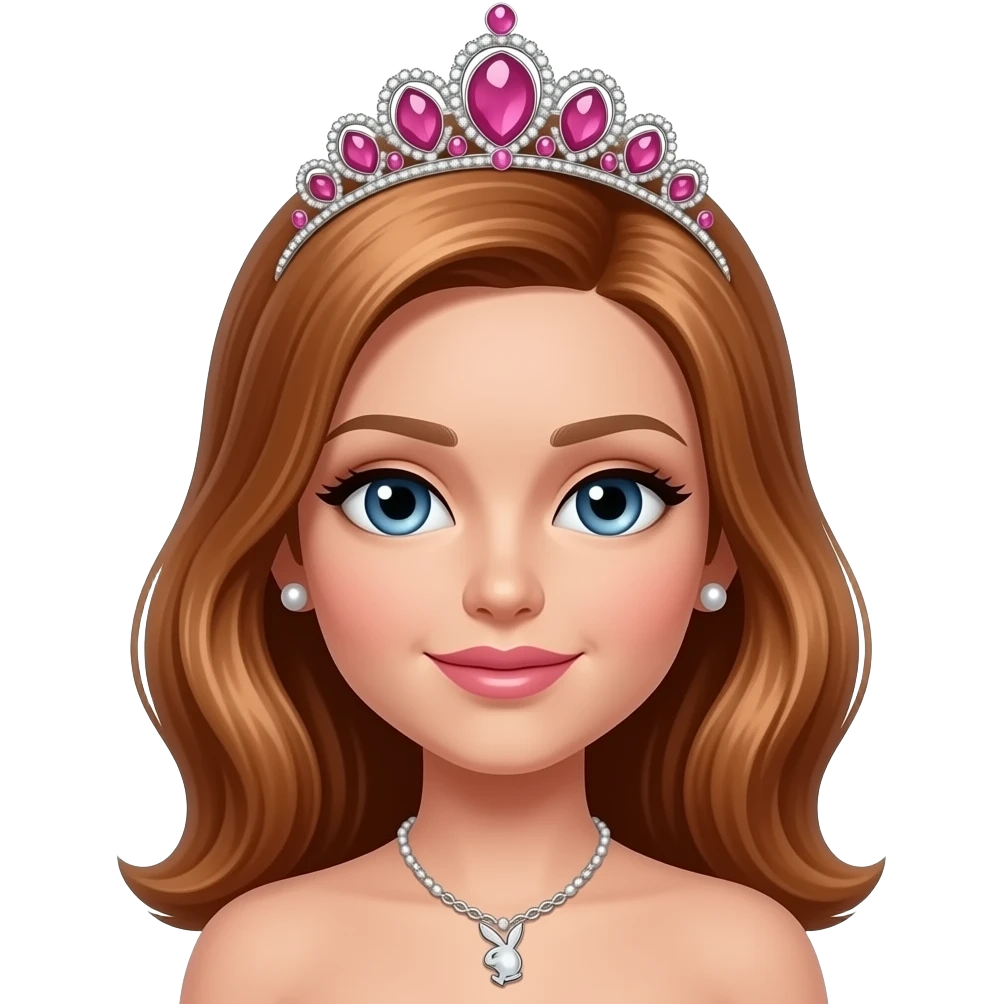 Doll shaped face, doll eyes, pink tiara, copper hair, playboy necklace, no bra, Pearl earrings studs emoji