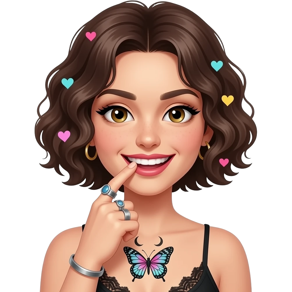 cheveux courts à la garçonne coiffé sur le devant et bouclés. Qui se mord le doigt avec un grand sourire coquin. Un tatouage sur le torse de papillon avec les croissants de lune au dessus. Avec des bagues. Et des cœurs autour emoji