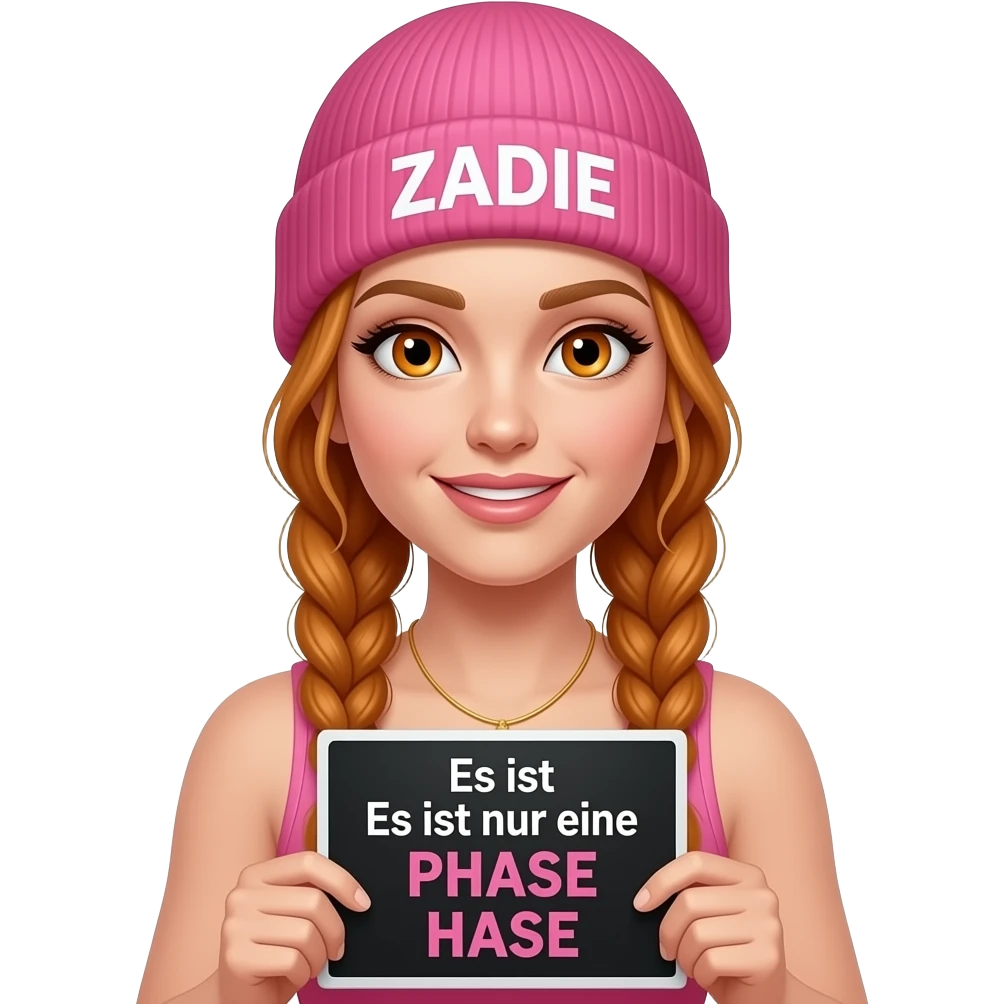sexy girl with overlong ginger braids and ginger eyes wearing a pink tanktop and a pink beanie with ZADIE written on it, is holding a black sign with Es ist Es ist nur eine PHASE HASE written on it emoji