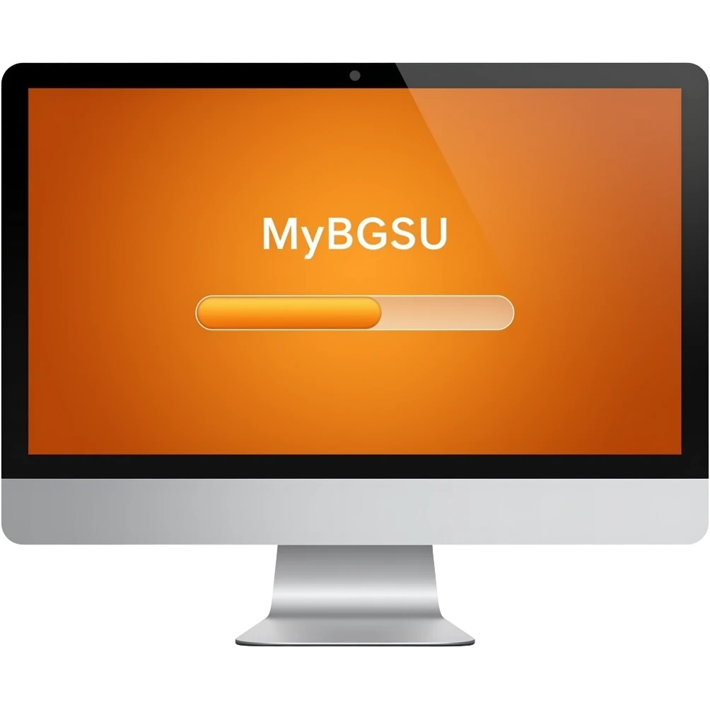 Computer with MyBGSU loading screen background orange emoji