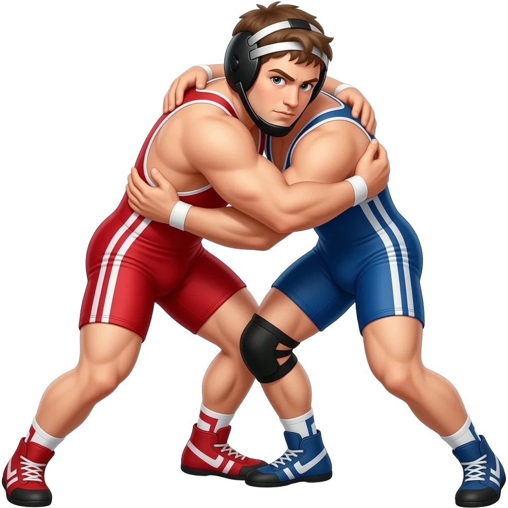Erstelle ein Bild von zwei Wrestler in kurzen, knappen und engen Wrestler-suits, die beiden haben unterschiedlich Farben an (rot und blau) und sie ringen eng umschlungen miteinander auf dem Boden liegend emoji