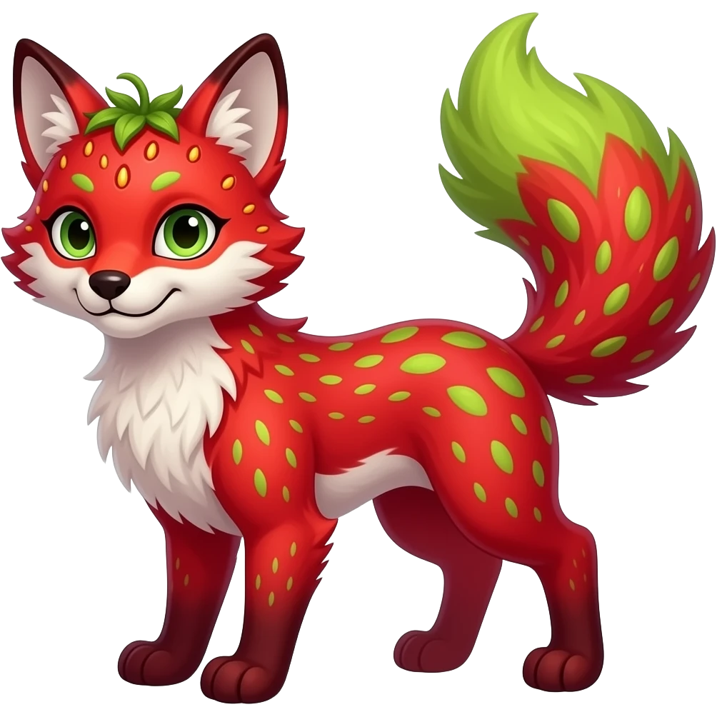 Feral Rare Fantasy vibrant tropical strawberry-colors-themed, red and sanguine, and lime-collred Vernid-Trico-species-creature by LiLaiRa, random markings, tufted tail, tufted ears, full body emoji