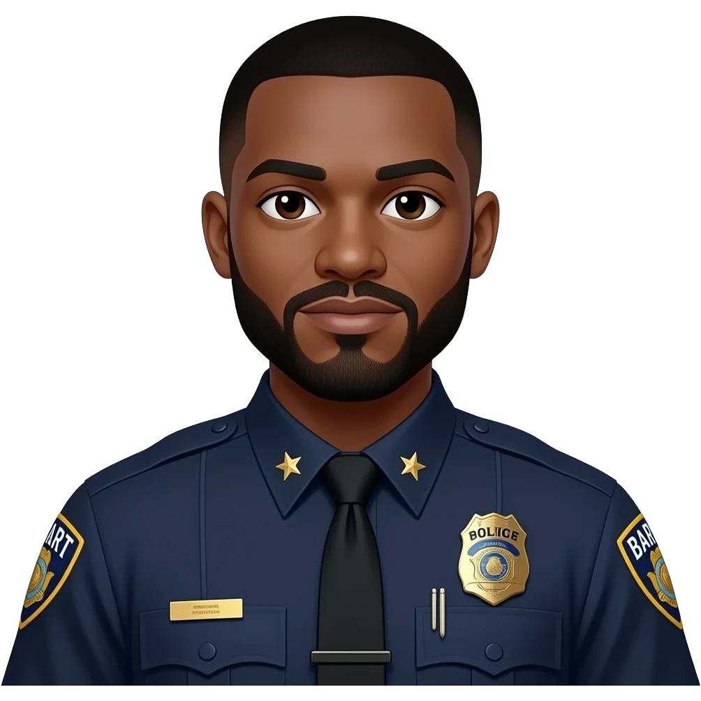 medium complexation black officer with beard and mustache and low tapper haircut and BART police uniform with gold star badge, no star on collar shirt emoji