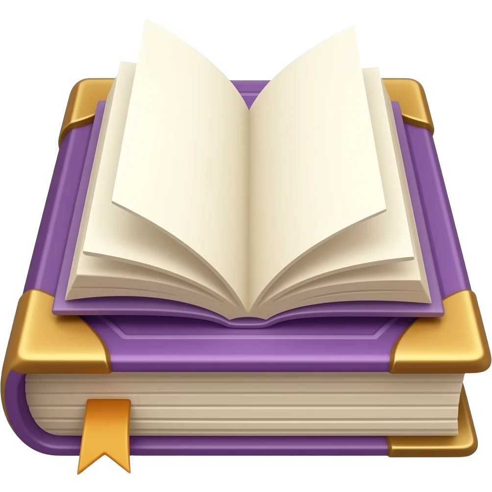 Open fantasy book emoji, pages facing viewer, thin purple hardcover with gold corners, cream pages, centered, transparent background, polished RPG game icon style, no glow, no bookmark emoji