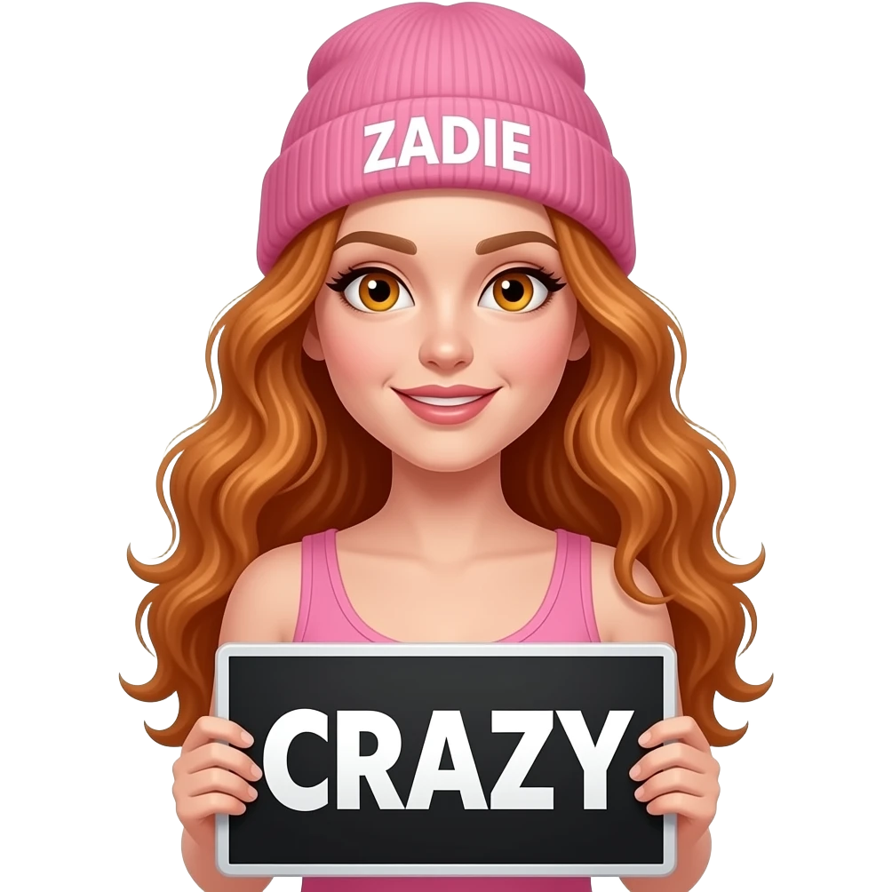sexy girl with overlong wavy ginger hair and ginger eyes wearing a pink tanktop and a pink beanie with ZADIE written on it, is holding a black sign with CRAZY written on it emoji