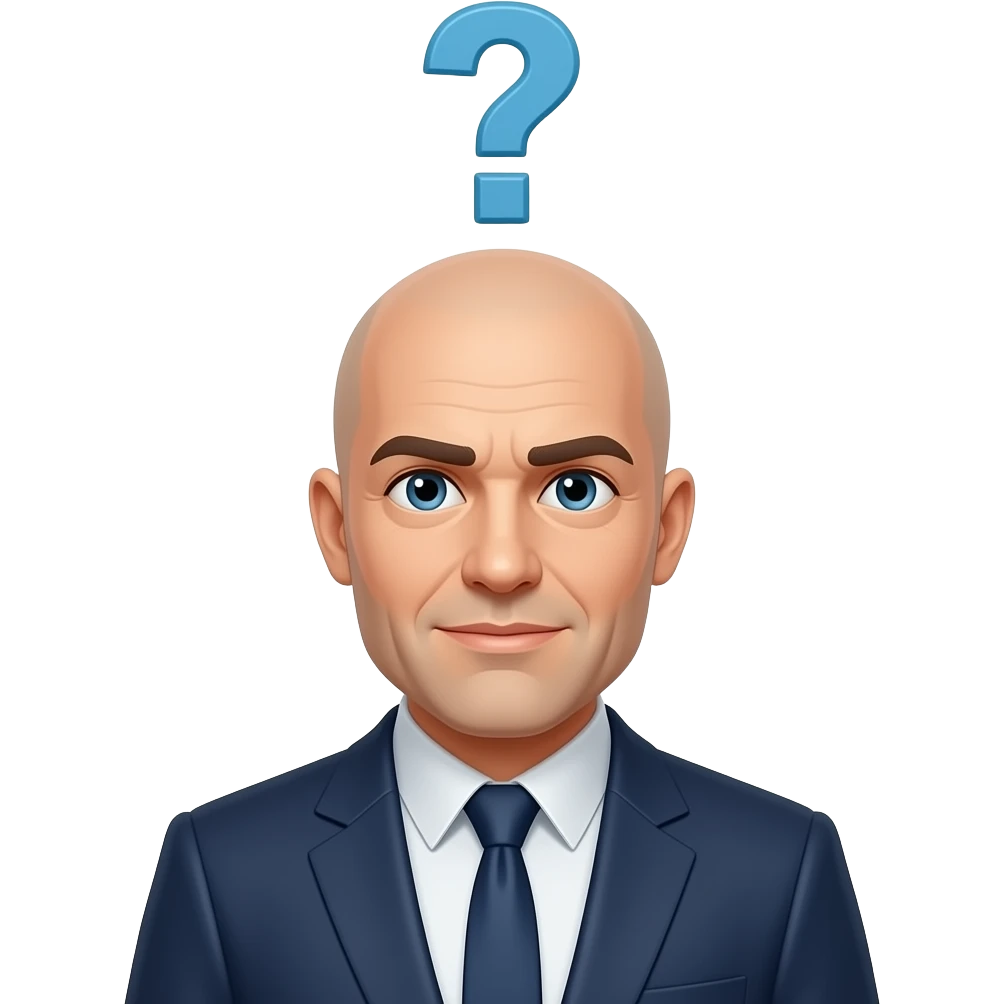 Hombre calvo pensativo serio con un signo de pregunta arriba emoji