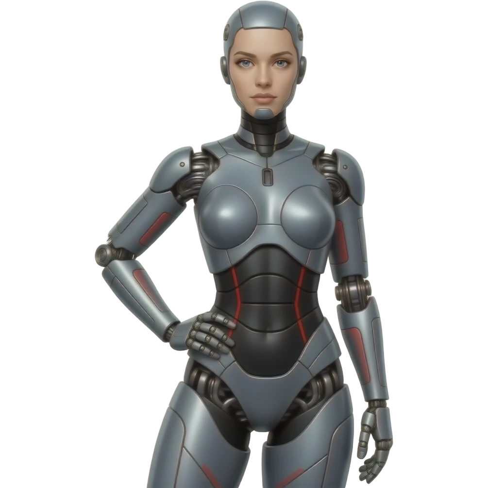A full length body, emale robot made of dark gray steel with black and red markings, full body, sexy pose, robot head, robot face, no human features. full  body pose emoji