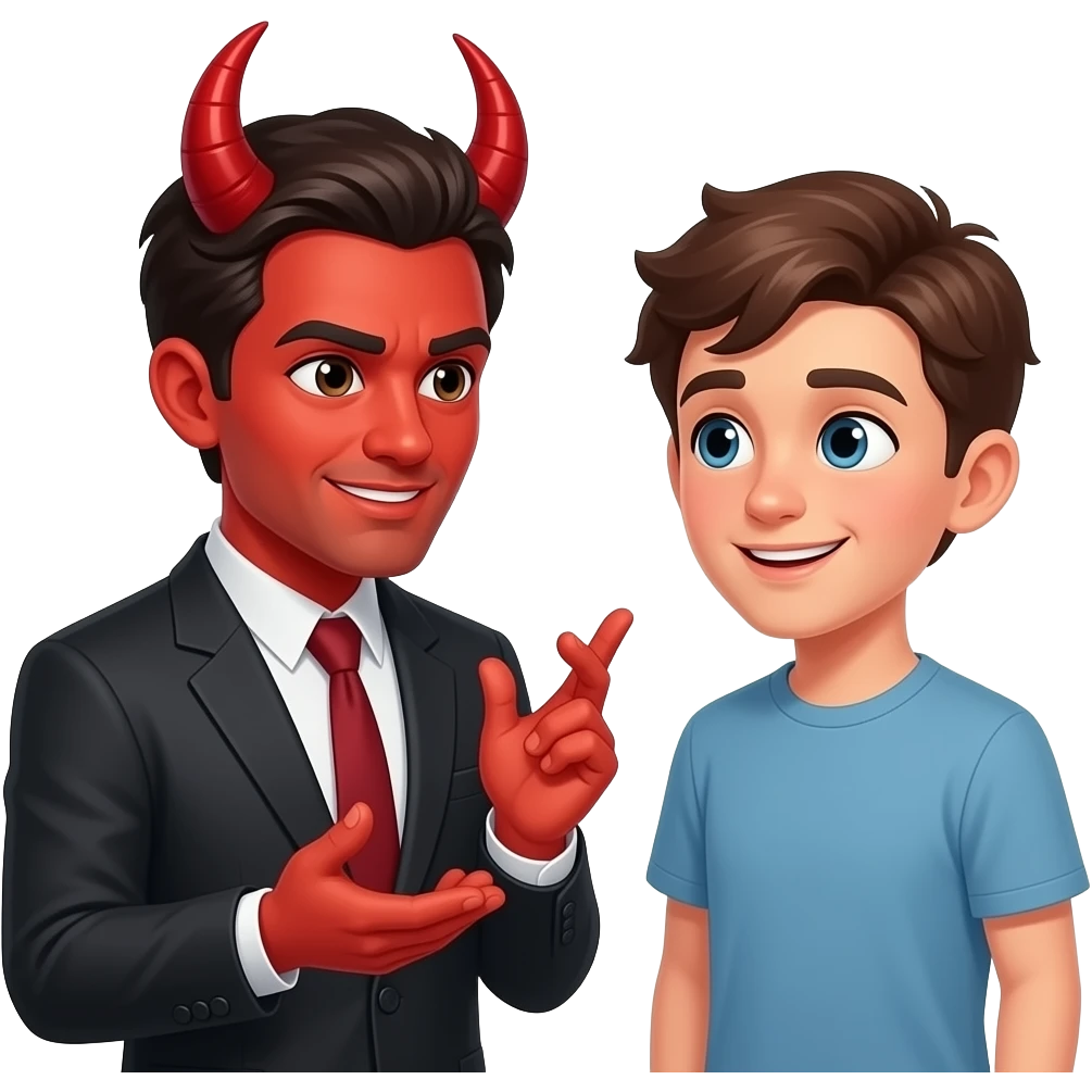 нарисуй как сатана  общается с парнем и что-то ему объясняет emoji