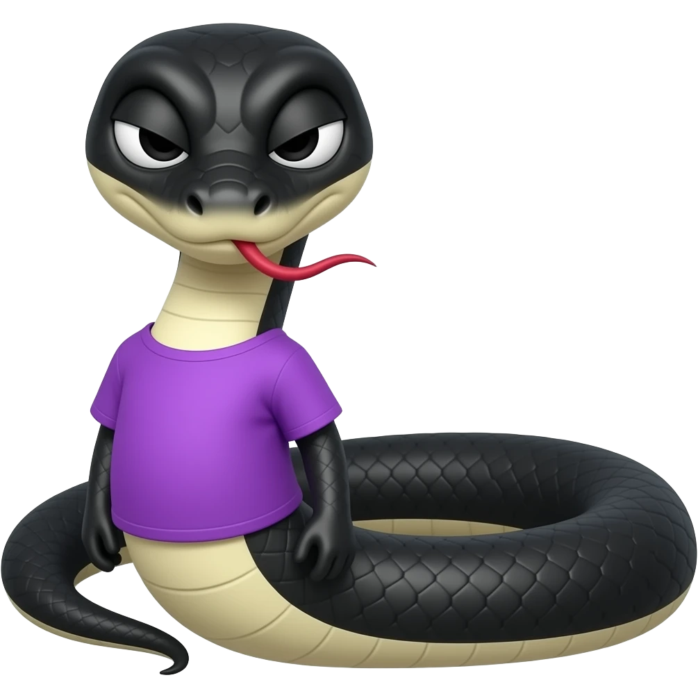 Black unsmily faced snake wearing purple shirt emoji