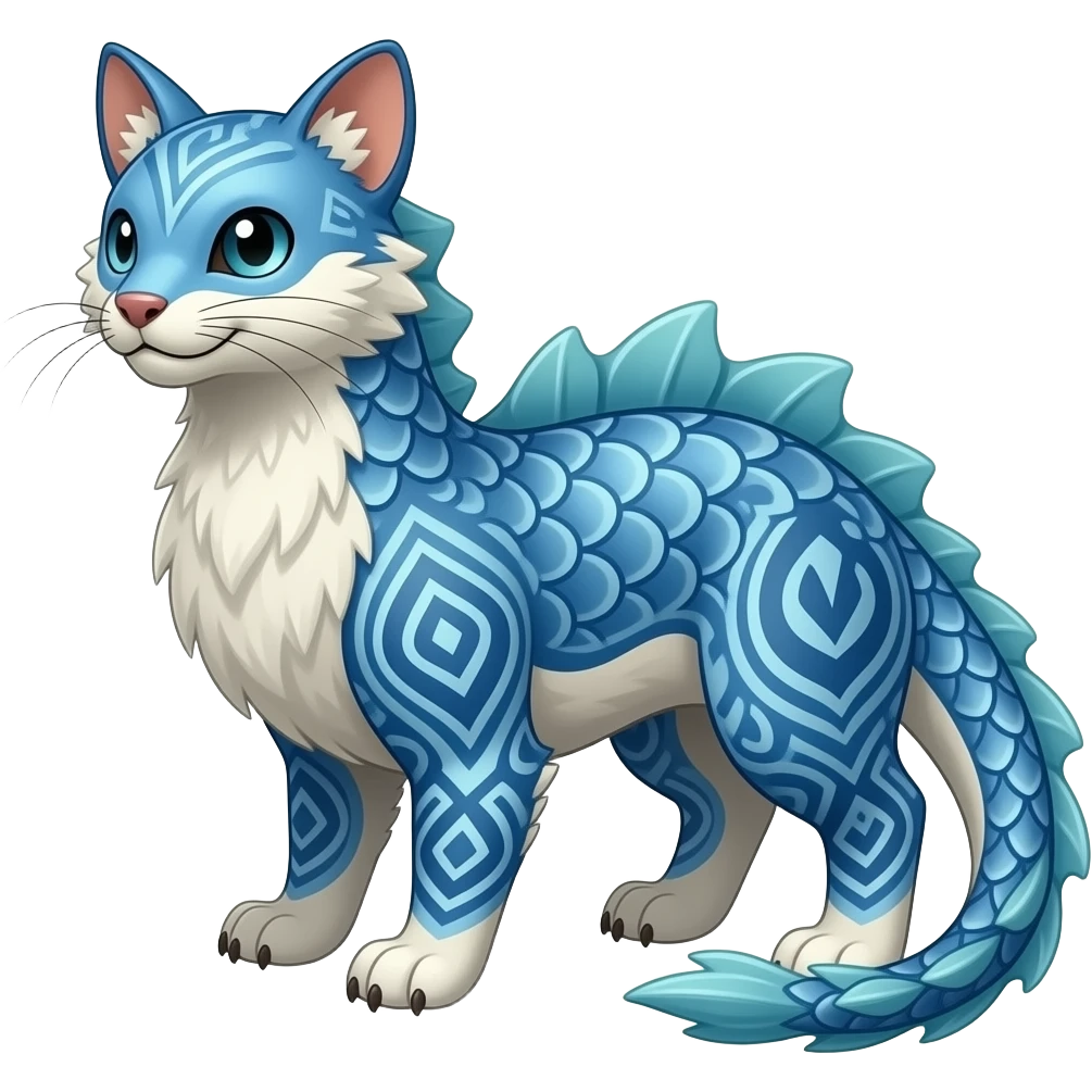 scaly shiny frilled finned patterned blue tribal-patterned digitigrade quadrupedal Vaporeon-Salandit-Glaceon-hybrid with thick whiskers emoji