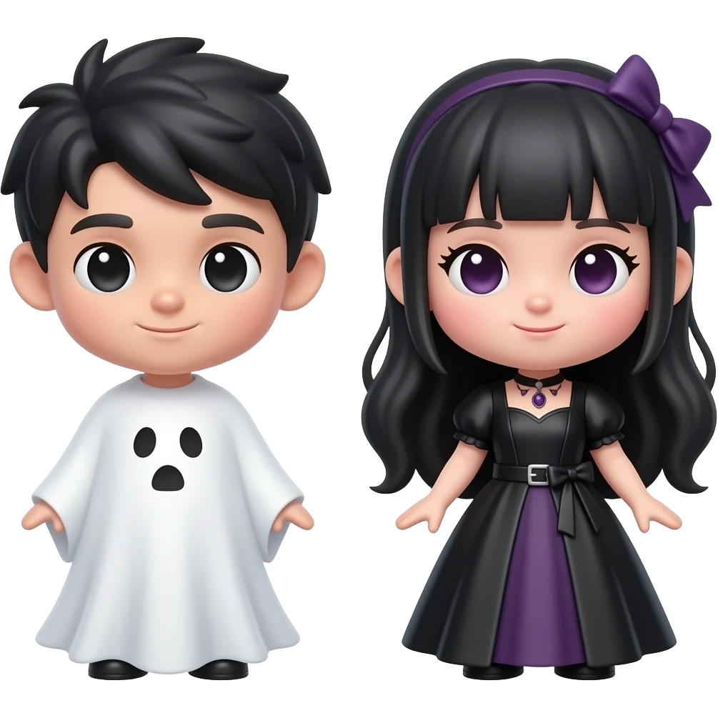 same exact cute 3D ghost couple emoji, right side profile, white ghost boy and gothic ghost girl, kawaii style, glossy 3D emoji render, only camera angle changes, same character identity, same proportions, same colors emoji