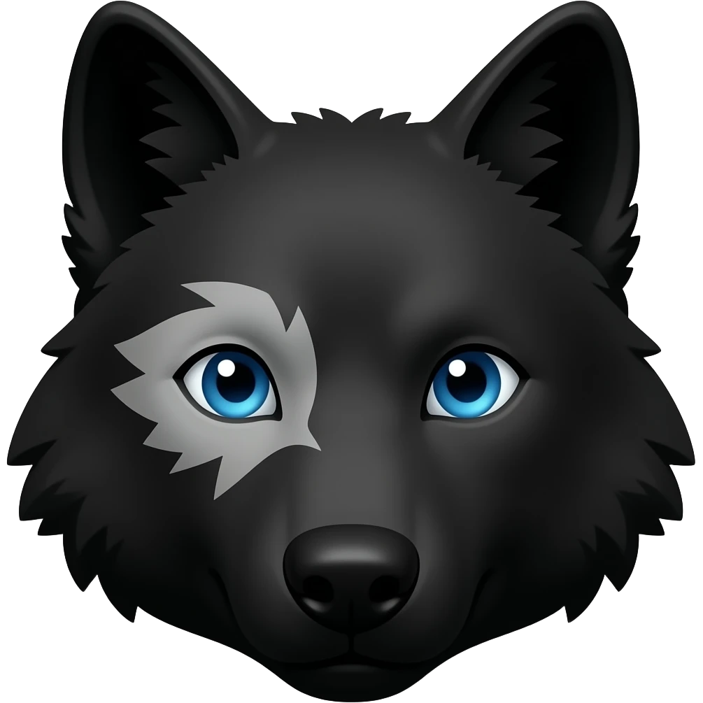 black wolf with blue eyes and greyish white markings over the left eye around the eye emoji