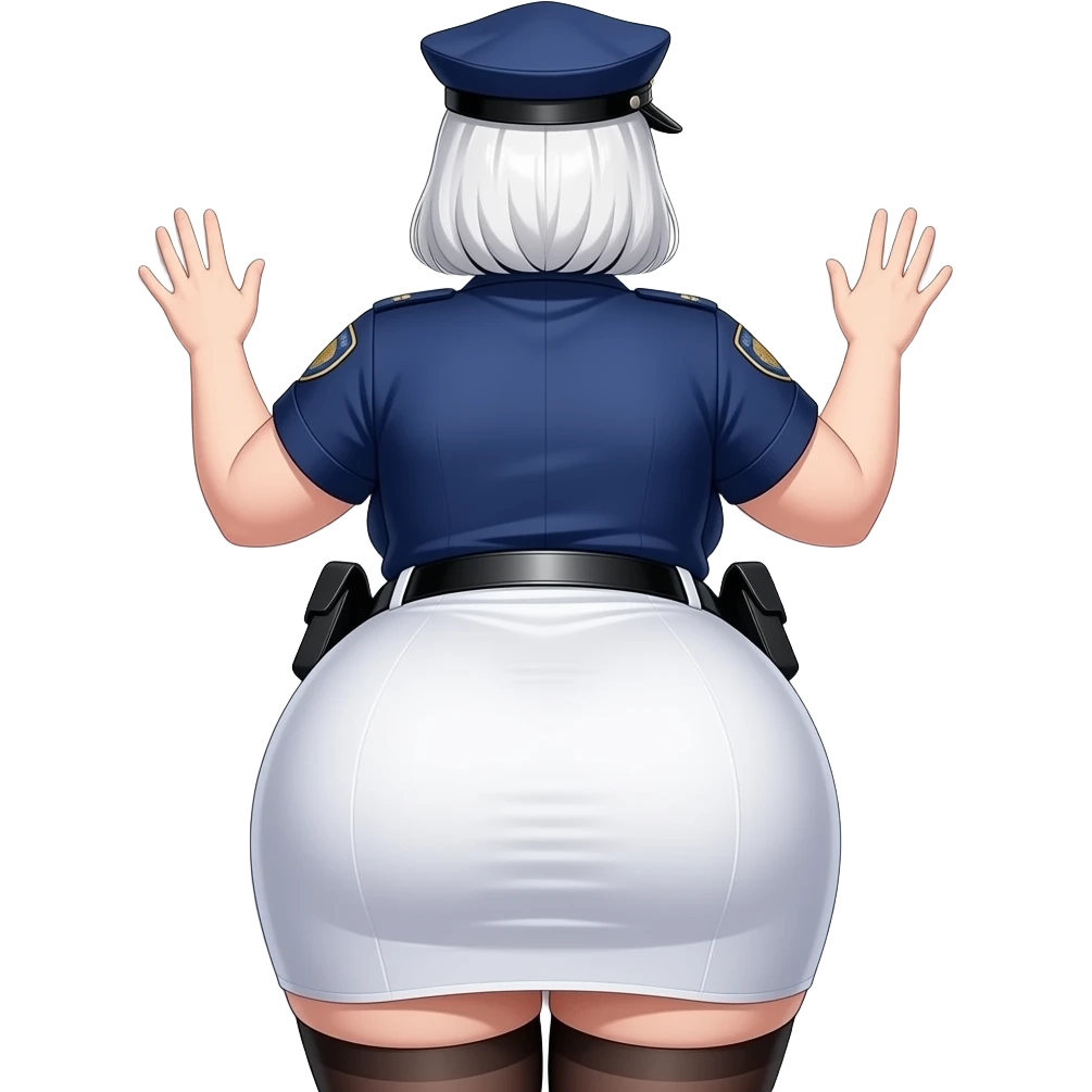 Anime extremely fat big booty a white female creature cosplaying police woman showing back her buttocks with putting her hands behind the wall with her white dress emoji