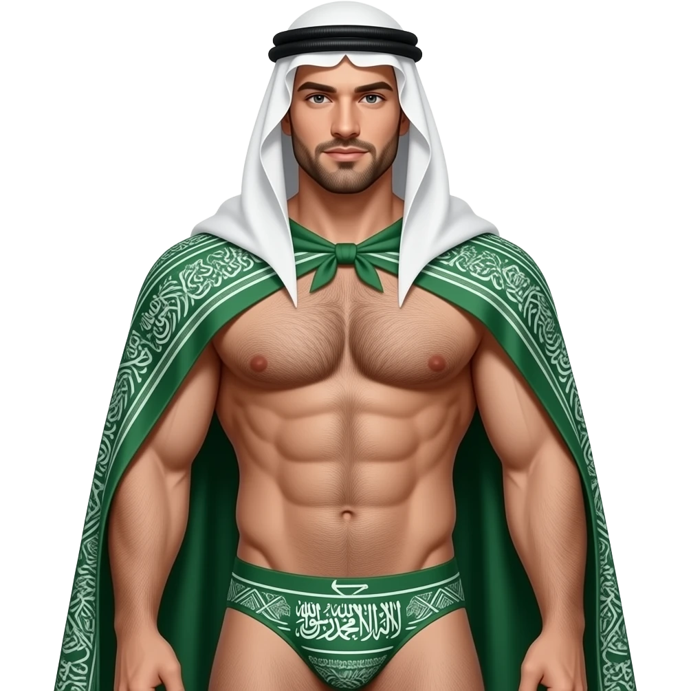 full body saudi-theme male superhero clothless figure with body hair and saudi cape and and muscular hairy build in thin, narrow underwear with bulge emoji