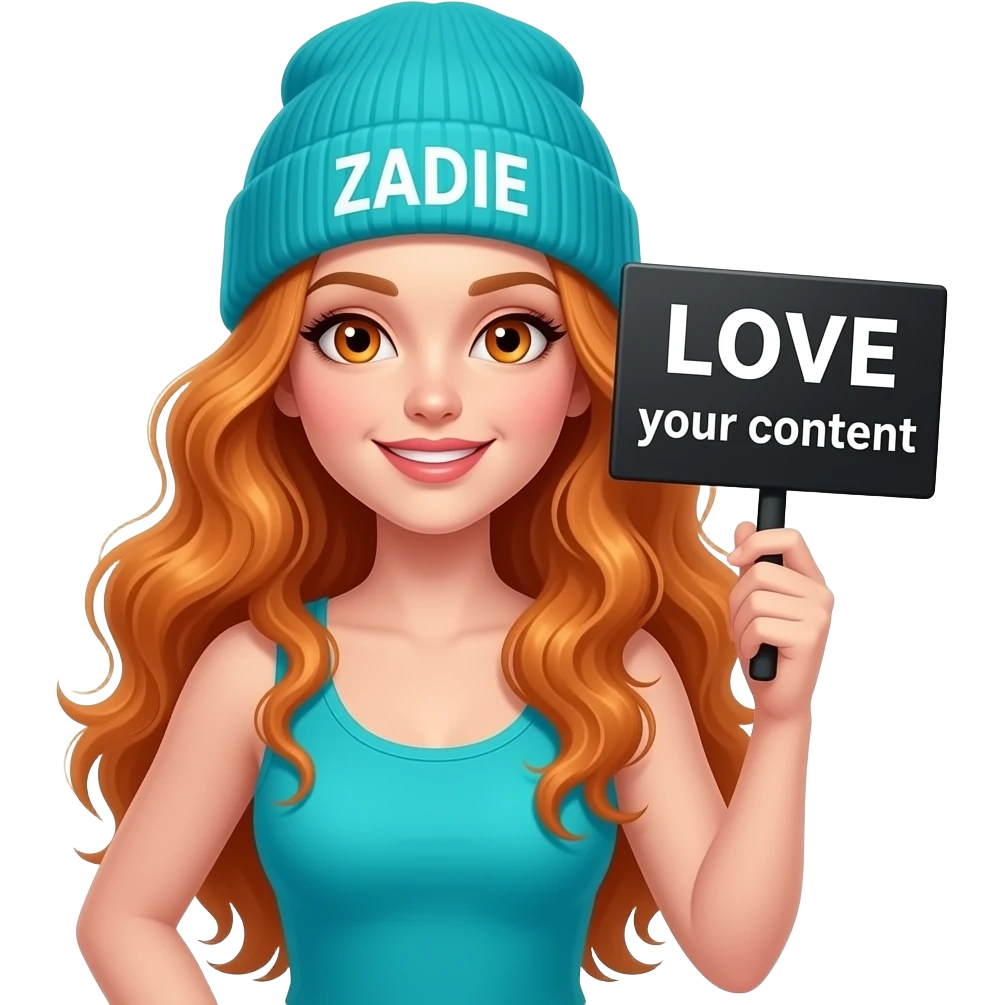 sexy girl with overlong wavy ginger hair and ginger eyes wearing a turquoise tanktop and a turquoise beanie with ZADIE written on it, is holding a black sign with LOVE your content written on it emoji
