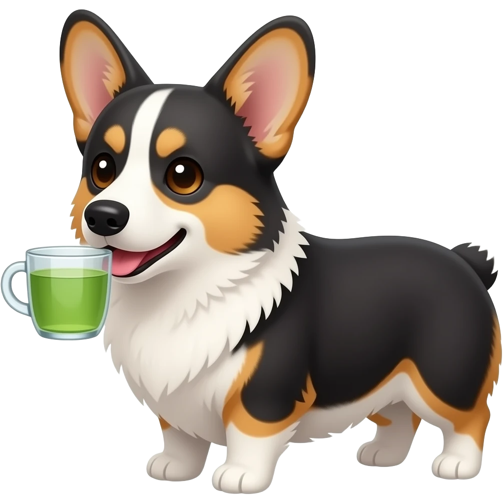 black tricolor corgi drinking green tea emoji