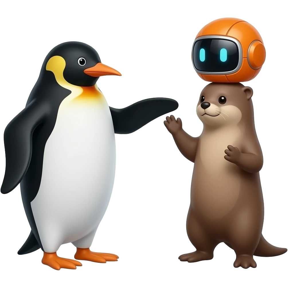 a penguin and an otter together kicking a 3rd character, an orange ...