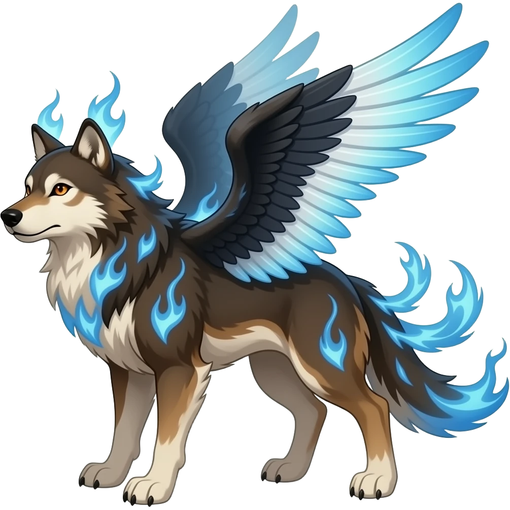 A large russet brown wolf with orange eyes, black white and blue wings, blue flames in the fur and THREE tails emoji