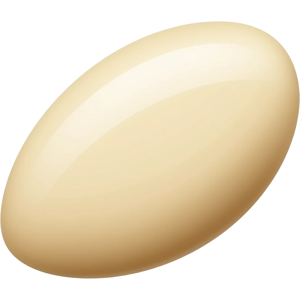 Create a clean, modern emoji-style icon of a sesame seed. The sesame seed should have a slightly oval shape with smooth rounded edges, a warm beige/light tan color, and a soft glossy highlight to give it a polished emoji appearance. Design it in the same visual style as Apple/WhatsApp emojis emoji