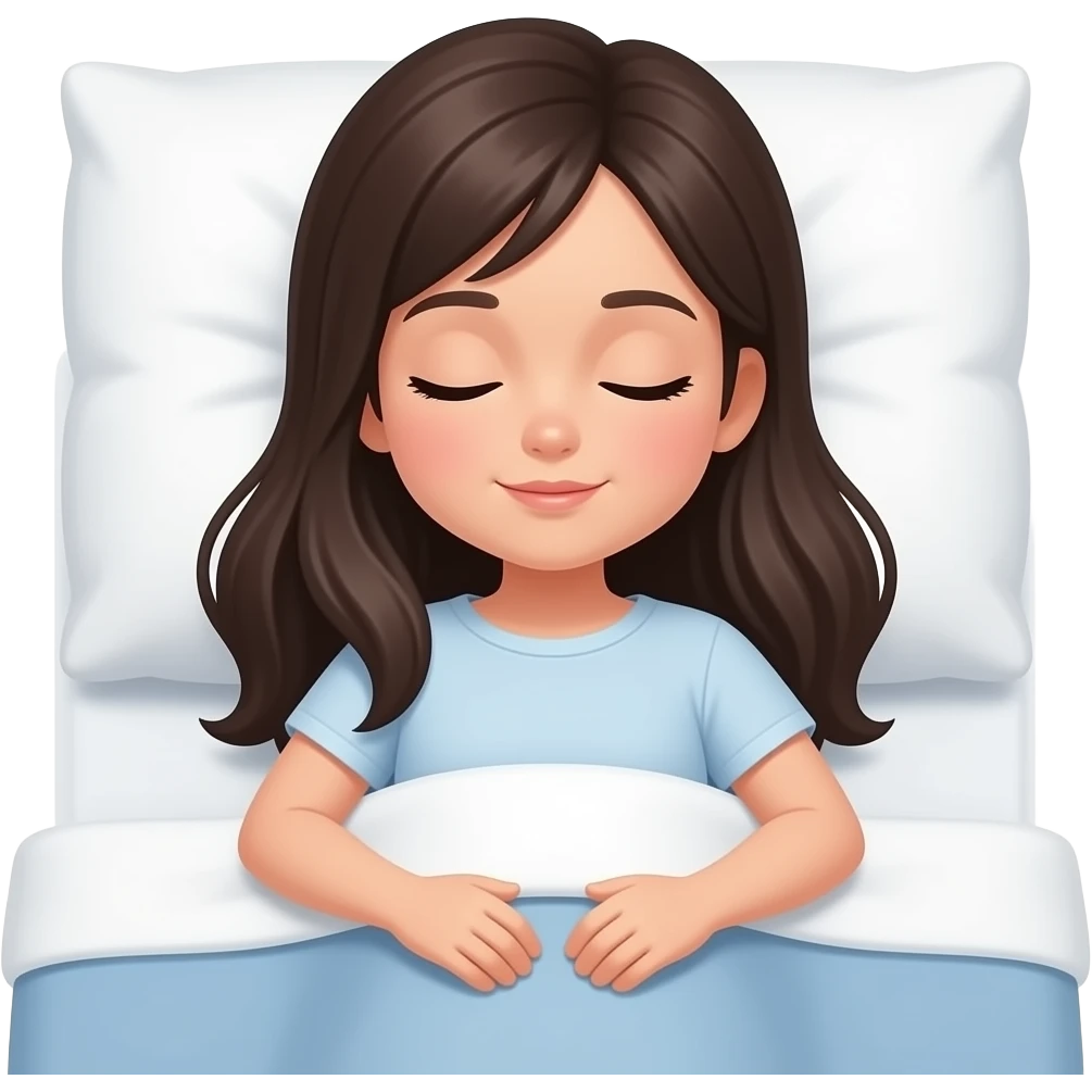adult girl with dark long hair in a t-shirt sleeps in white pillows and light blue bedspread emoji