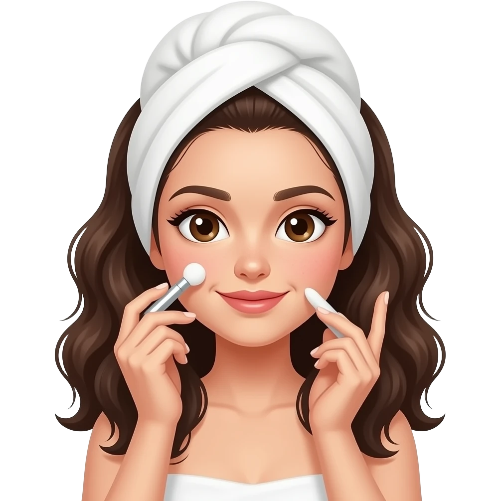Menina ondulada cabelo castanho escuro  fazendo skincare com o cabelo enrolado em uma toalha emoji