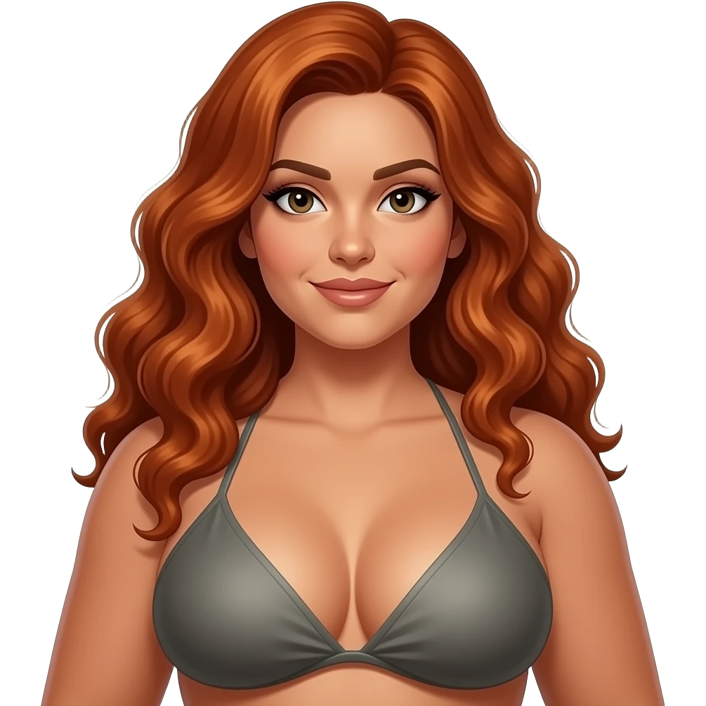 Thicker Amazon big beautiful woman a sex goddess 5'-7" tall 197 lbs F cup breasts thick lady w Ginger to red hair ... Long curly submissive to BBC a QoS emoji