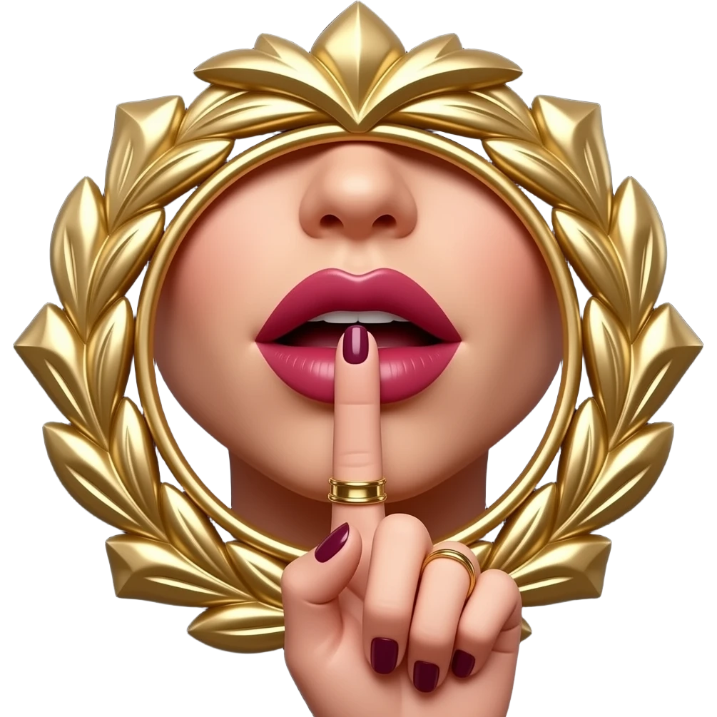 Luxury 3D emblem, close-up of female lips. Index finger is pressed vertically to the center of the lips in a shh gesture. Dark burgundy nails, gold rings, black background emoji