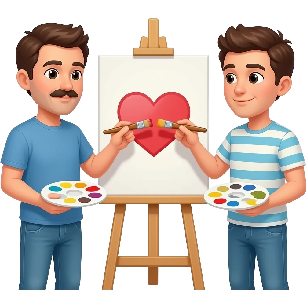 Mann (40) mit moustache und jüngerer Mann (23) malen zusammen Oberkörper frei ein Herz auf einer Staffelei emoji