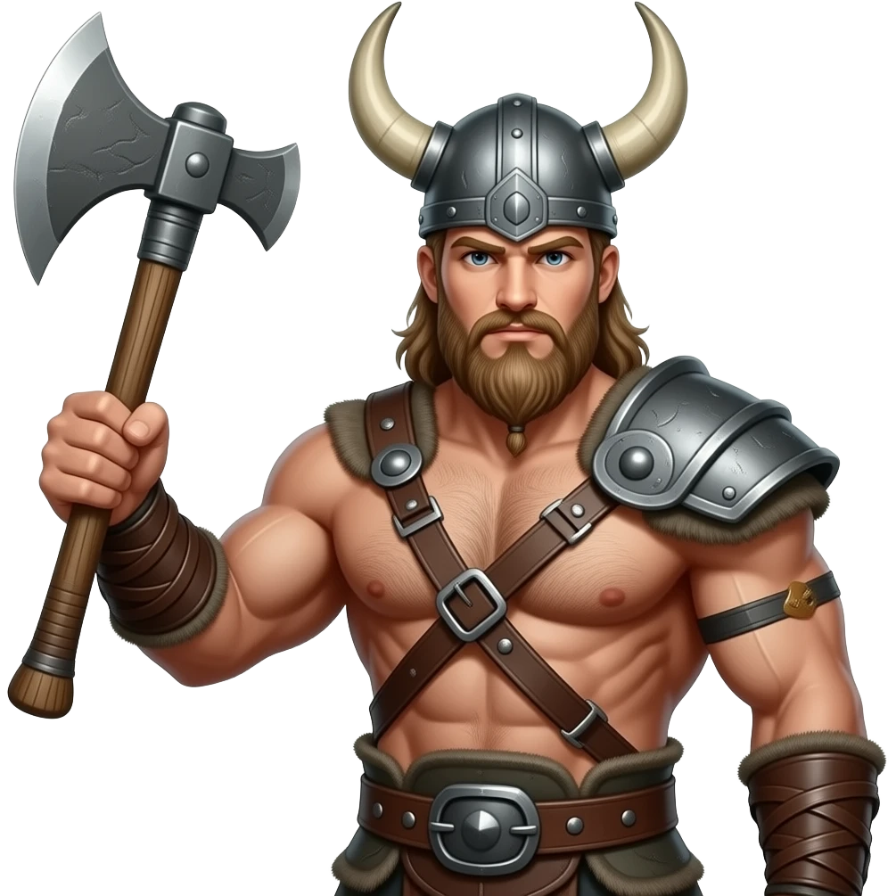 Nahaufnahme von einem Vikinger mit nackten muskulösem körper und einer behaarten und kräftigen männlichen Brust, mit Leder Riemen und Schulterpanzer aber ohne Gürtel. Er schwinkt eine Axt mit seiner rechten Hand und trägt ein Helm mit Hörnern und Bart emoji