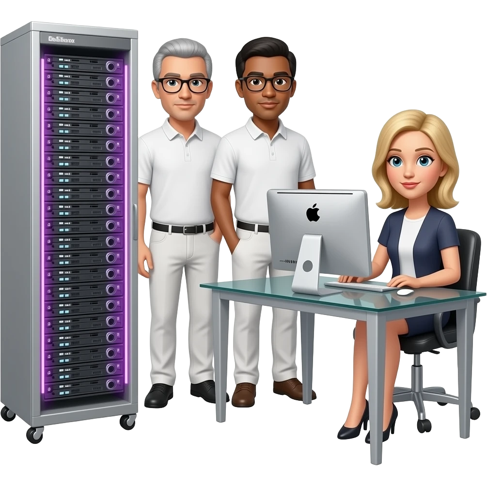 In the background is a silver server cabinet with purple backlighting, in the foreground is a glass table and an imac computer, two men are standing, gray hair, black glasses, black hair, gray glasses, dressed in white pants and a polo shirt, a blonde girl is sitting at the table, emoji