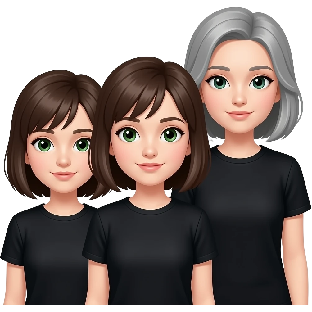 Change eyes to dark green on middle and left girl and grey girl is a little taller than the others and all in black tee shirts girl with grey hair is taller emoji