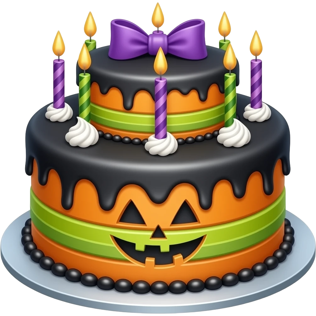 Halloween birthday cake, with black orange, green, red, white and purple emoji