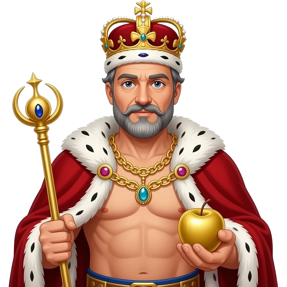 Portrait von einem König um die 40 mit leicht grauen Strähnen in den Haaren und Bart. er trägt eine prunkvolle königliche krone und Goldkette mit Edelsteinen. Er hat kein Hemd an aber ein weit geöffneter roter samt Umhang mit weißen Pelz. Mit Zepter und eine goldenen Reichsapfel in den Händen emoji