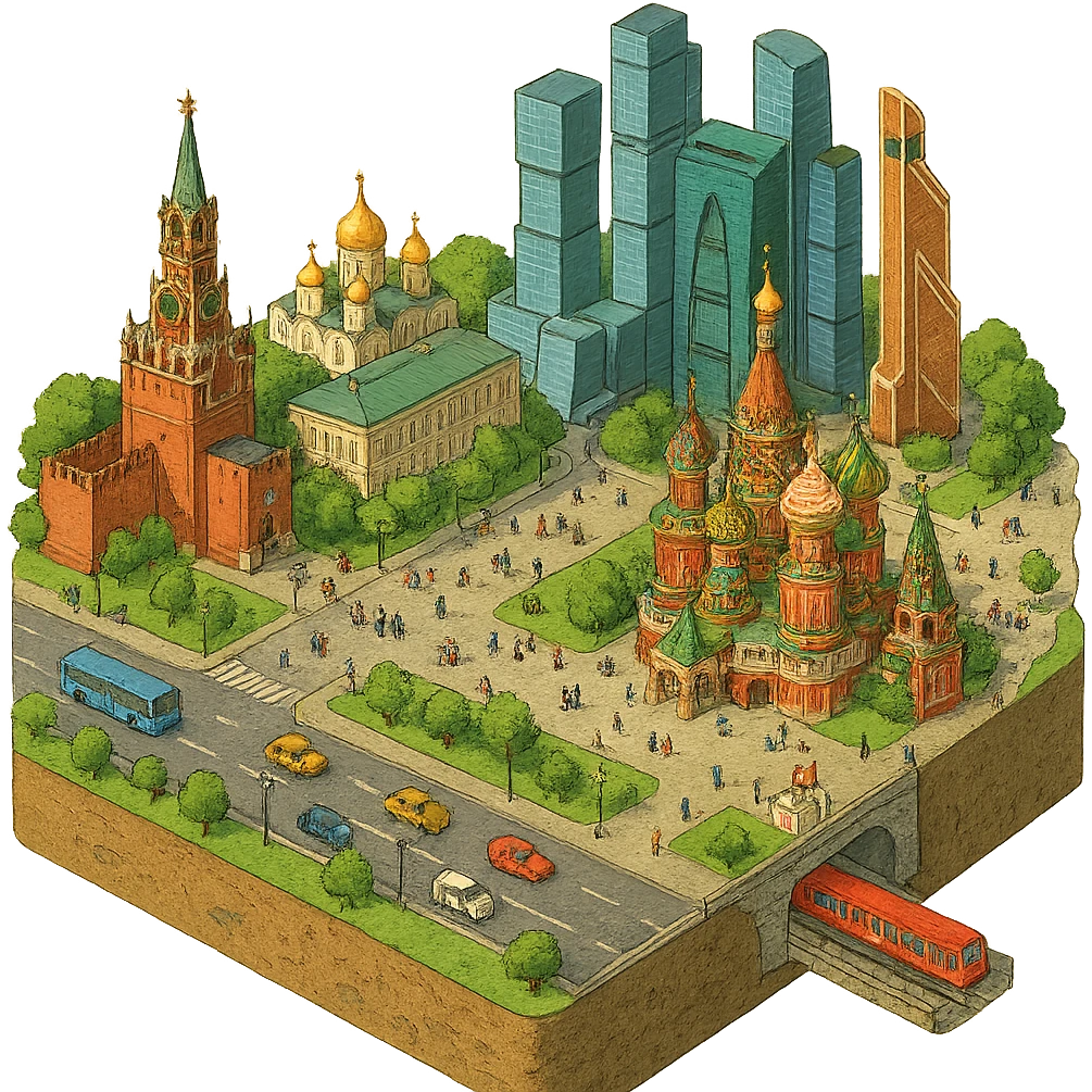 Изометричная миниатюрная 3D модель Москвы на подставке - фотореалистичный Кремль, собор Василия Блаженного, фотореалистичный Башни Москва-Сити, аккуратная детализация, яркие цвета, мультяшный реализм, гуляют люди и современный автотранспорт и метро, компактная композиция, вид сверху в изометрии, прозрачный фон emoji