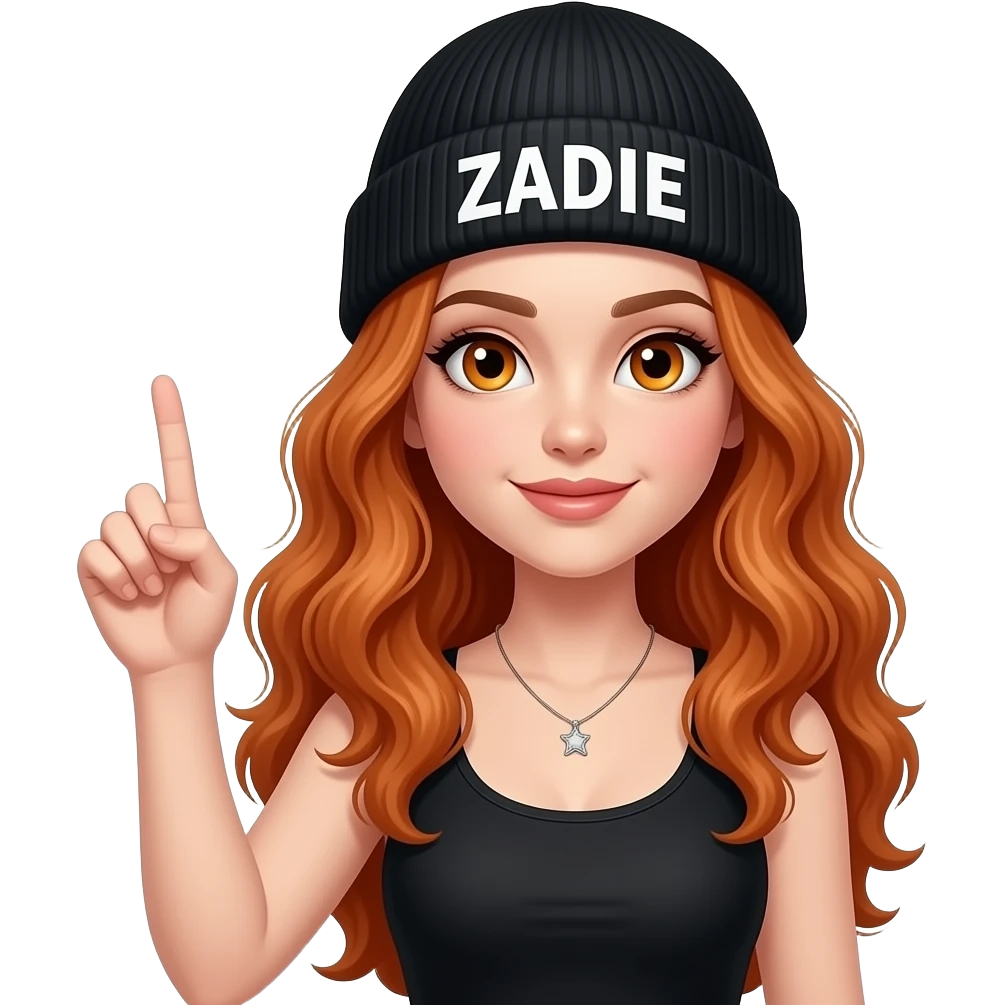 sexy girl with overlong wavy ginger hair and ginger eyes wearing a black tanktop and a black beanie with ZADIE written on it,  is raising a finger emoji