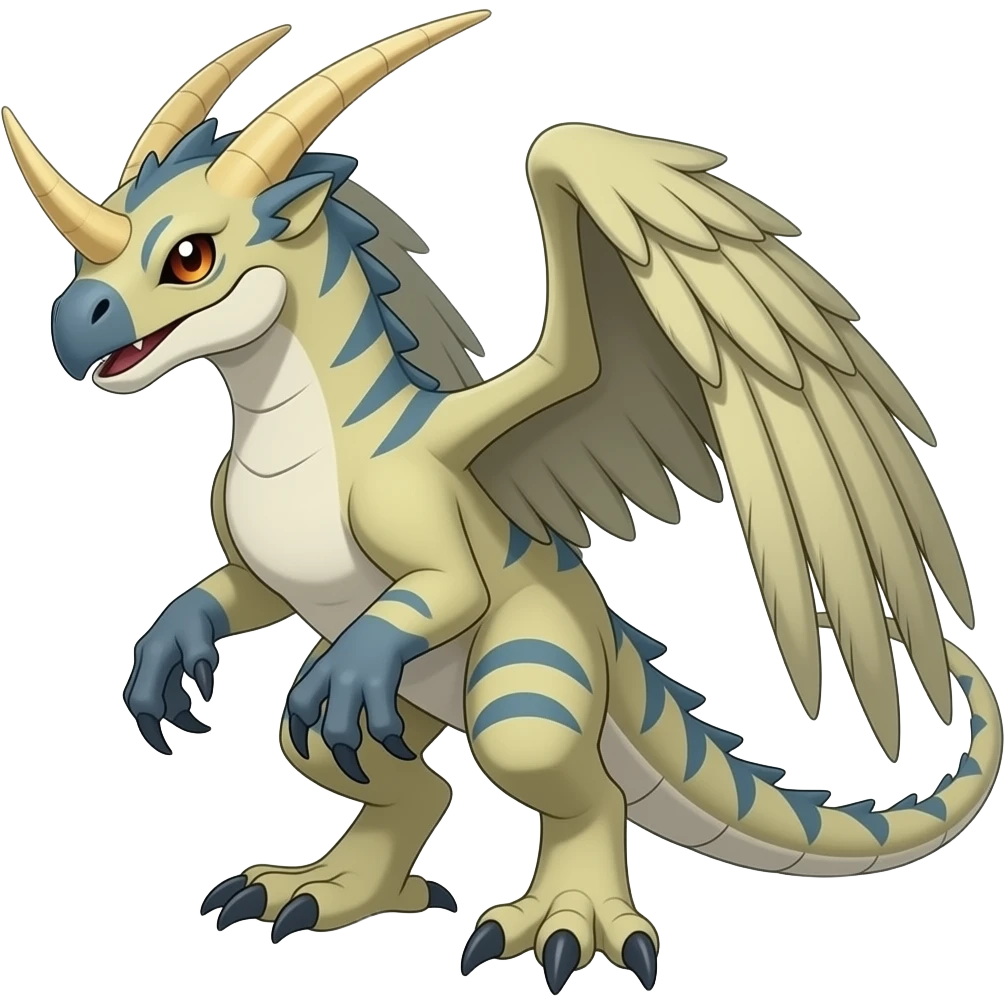 Raptorik scaley feathery horned Amaura-Wargreymon-Aurorus-ExVeemon-WereGarurumon-Pokémon-Fakémon-hybrid-fusion-creature, full body emoji