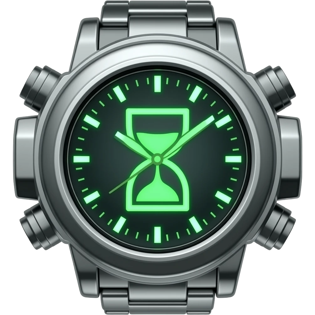 3D Omnitrix emoji, neon green glow, black silver futuristic watch, hourglass symbol, glossy metallic texture, cinematic lighting, sci-fi style, cute compact design, dark background, 4K. emoji