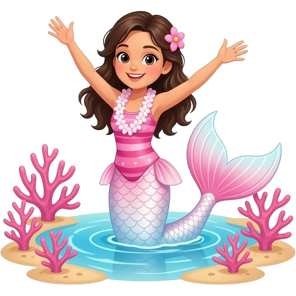 Swimming in water towel sauna swimsuit pink stripes mermaid tail photo in the stone age sunset beach girl dancing pink Hawaiian wears a pink white Brown hair and pink dots in white gradient swimsuit white dots and pink big dots and white pink gradient corals and starbucks one piece swimsuit emoji