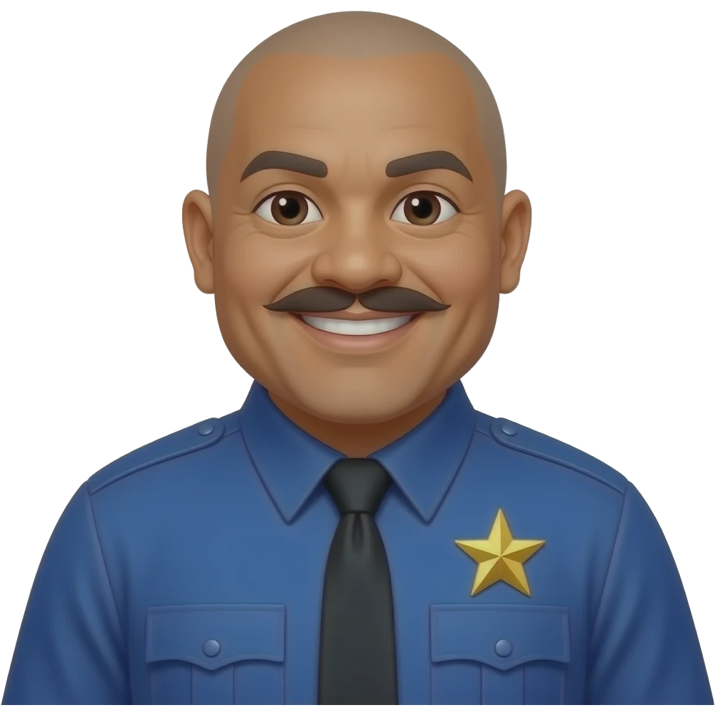 fat filipino police officer with dark skin, bald, pointed moustache, wearing long sleeve blue uniform with gold star, smiling, double chin emoji
