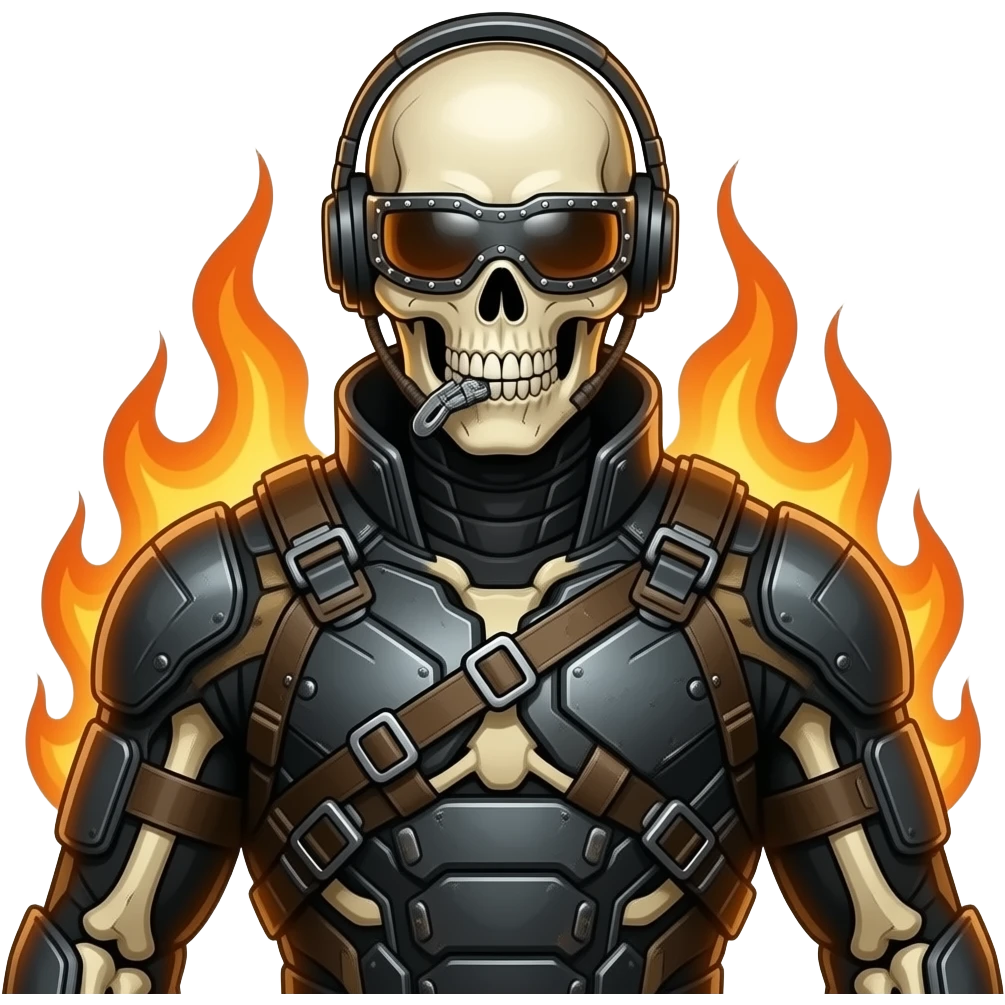 a skeletal figure wearing a suit. His eyes are covered by a riveted-on visor, his mouth is clamped shut and his ears capped. He stands ready to fight. His suit has a warm glow as if surrounded by fire emoji