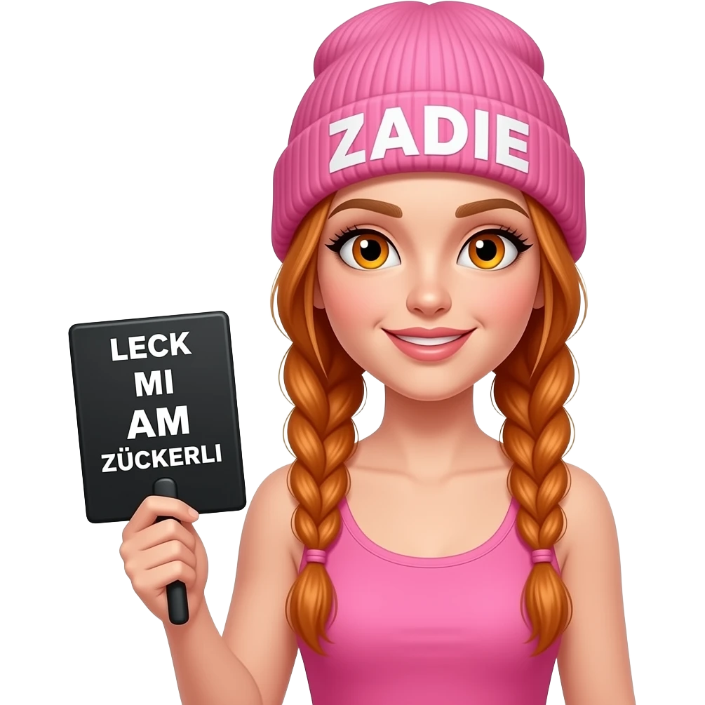 sexy girl with overlong ginger braids and ginger eyes wearing a pink tanktop and a pink beanie with ZADIE written on it, is holding a black sign with LECK MI AM ZÜCKERLI written on it emoji