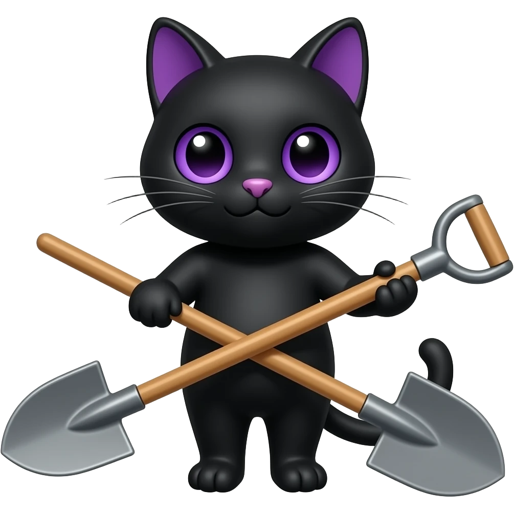 Bastet emoji, black cat and purple details with shovel in hand emoji