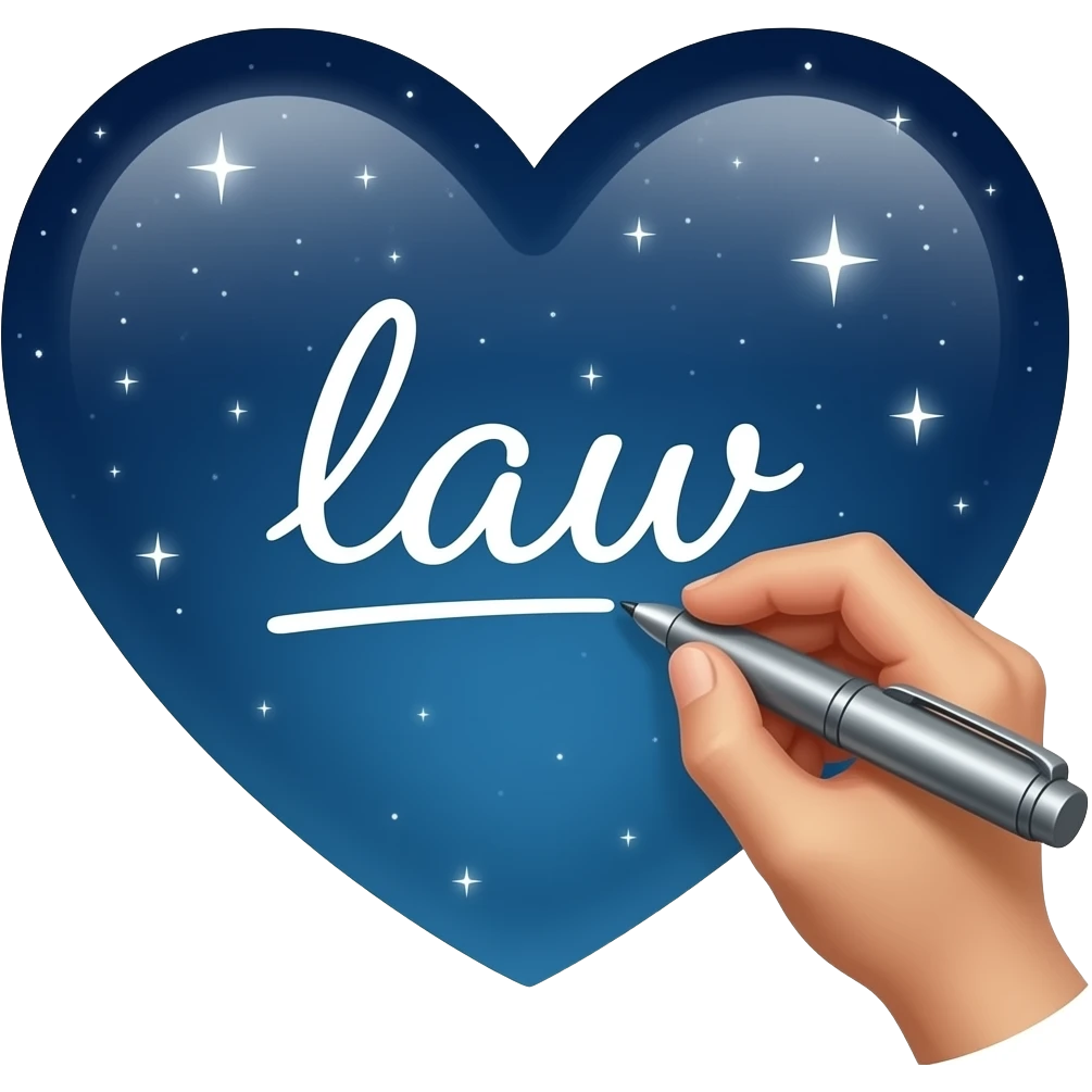 heart that is getting written on with a pen, it says law, under a night sky with stars emoji