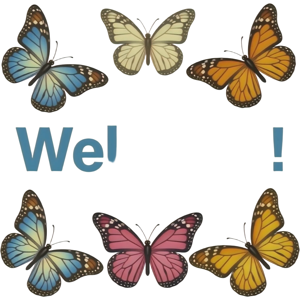 the word "Welcome!", kawaii, cutesy, butterflies emoji