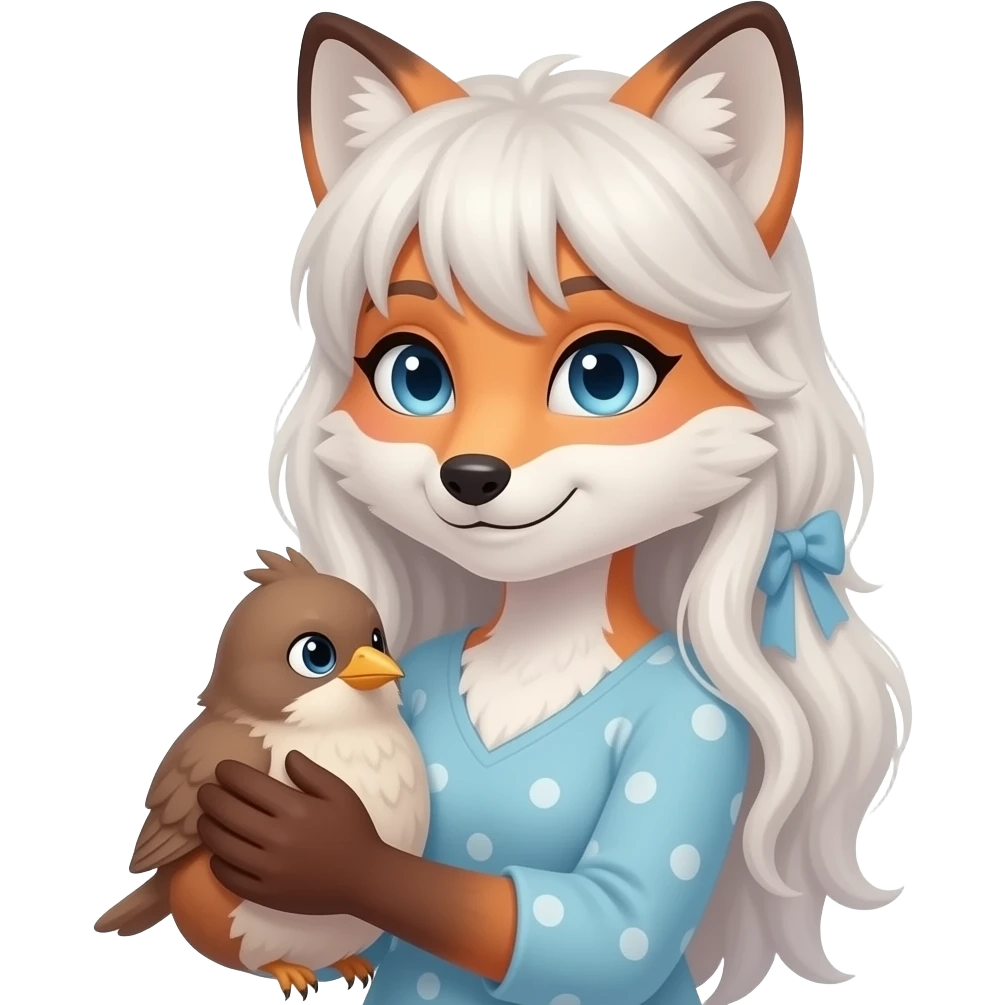 Female Arctic fox furry person woman and a bird hugging,fursona emoji