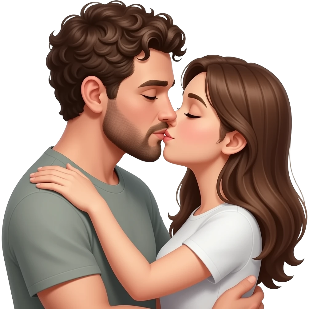 Realistic white skin man super short curly brown hair with beard kissing passionately and hugging realistic white girl brown hair emoji